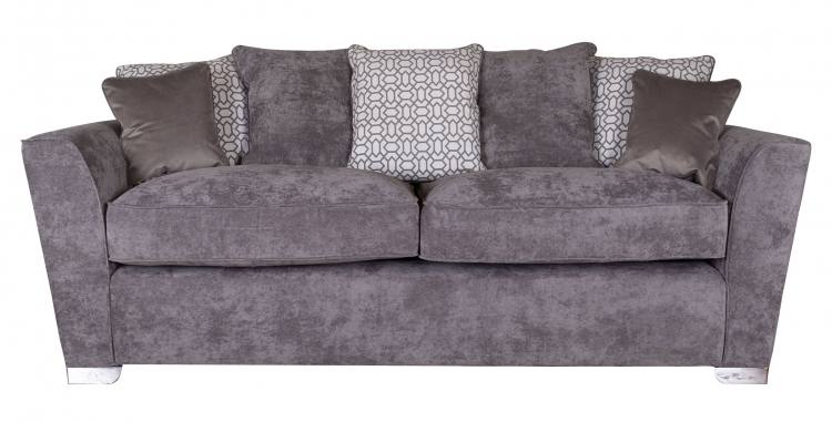 Pictured in Kingston Grey with 3 pillow back cushions in Salute Pattern Silver, scatter cushions in Festival Silver and Chrome feet 