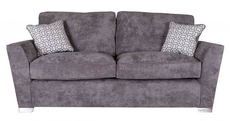 Pictured in Kingston Grey with Salute Pattern Silver scatter cushions and Chrome feet 