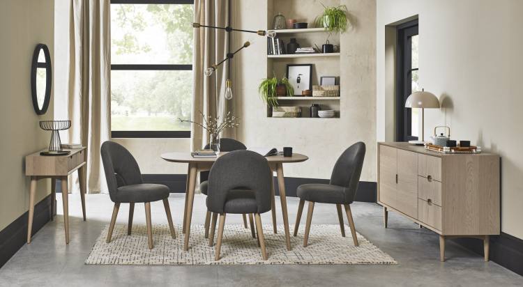 Bentley Designs Dansk Scandi Oak 4 Seater Table on Display with Upholstered Chairs 