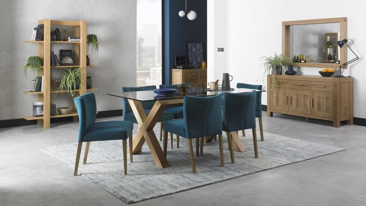 Bentley Designs - Turin Light Oak Glass Top Dining Table - 6 Seater