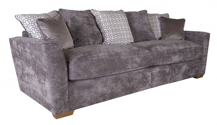 Pictured in Kingston Grey with 3 pillow back cushions in Salute Pattern Silver, scatter cushions in Festival Silver and Light feet 