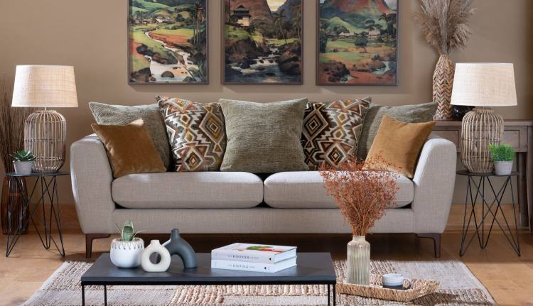 Inka grand pillow back sofa in main fabric cover 5908, Cushion fabrics 5133, 5613 & 5710.
