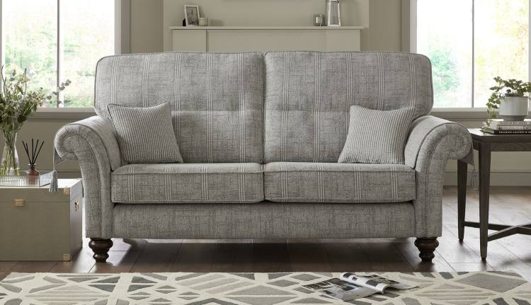 Balmoral 3 seater shown in Aberdeen Floral Pebble fabric with Scotland Plain outer and Kilmarnock Pinstripe Pebble scatter cushions