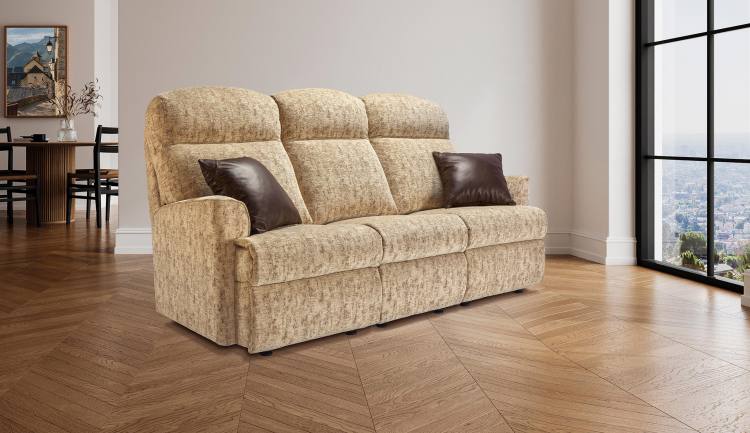 Sofa shown in Hannover Oatmeal fabric (scatter cushions sold seperately, Queensbury Chocolate leather)  