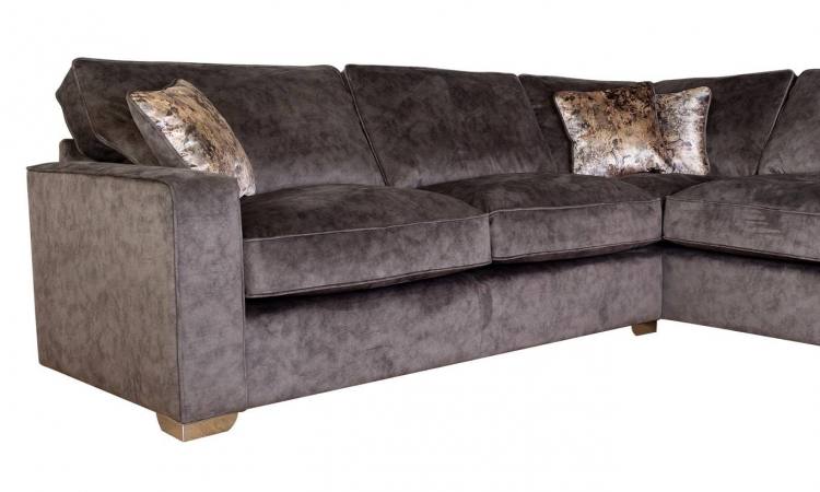 LHF section of corner sofa in Jive Charcoal with scatter cushions in Orb Gold