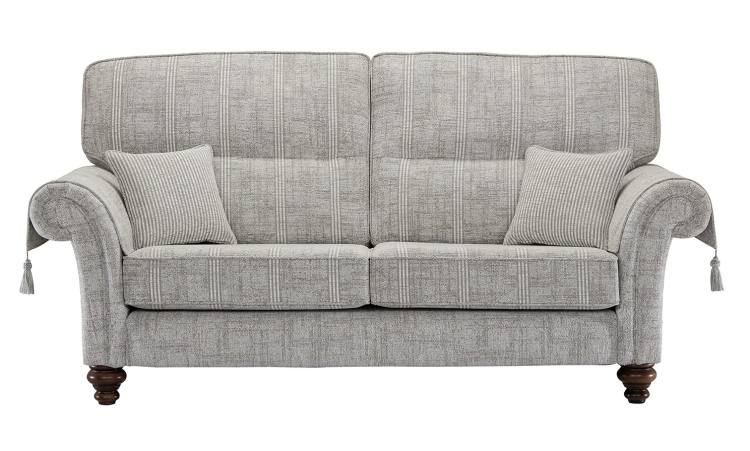 Balmoral 3 seater shown in Aberdeen Floral Pebble fabric with Scotland Plain outer and Kilmarnock Pinstripe Pebble scatter cushions