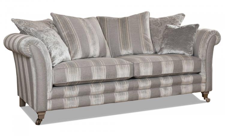 Main fabric 9857, two pillows in 9717, two pillows in 9857, small scatter cushions in 9827, smokey oak pewter castor legs. 