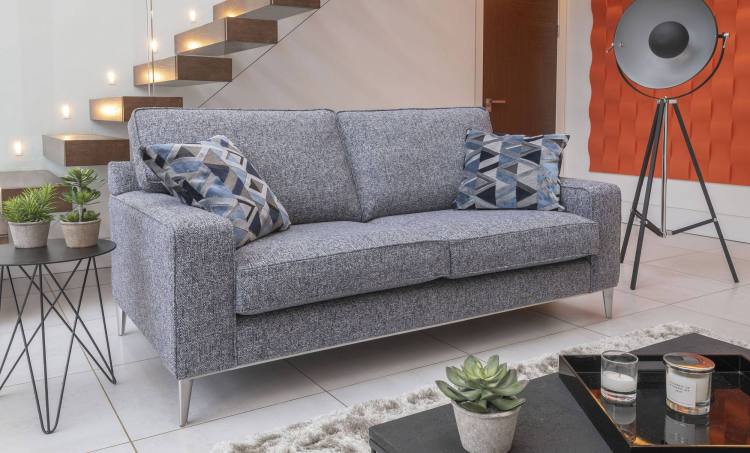 Main fabric 0422, large scatter cushions in 0042, brushed aluminium plinth.