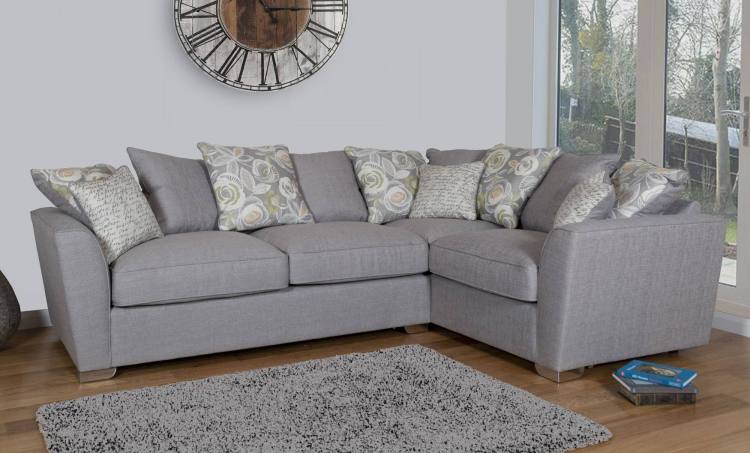 Barley Grey with 5 pillows in Camelia Winter, 4 pillows in main fabric and scatter cushions in Script Grey