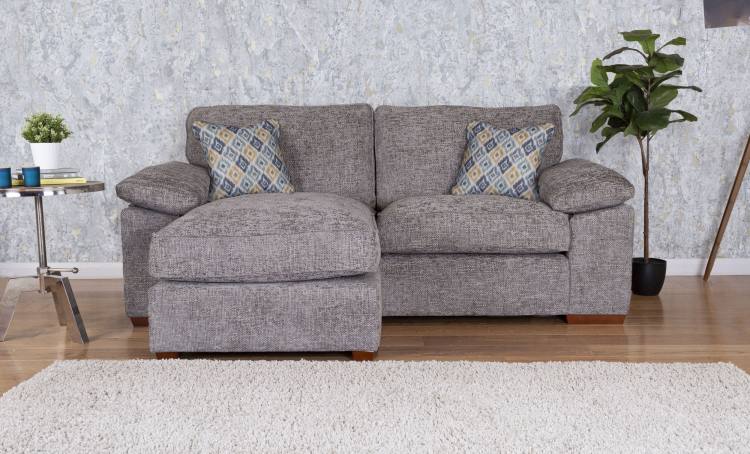 Pictured in Kurt Dove with Columbus Teal scatter cushions and Mid Oak foot