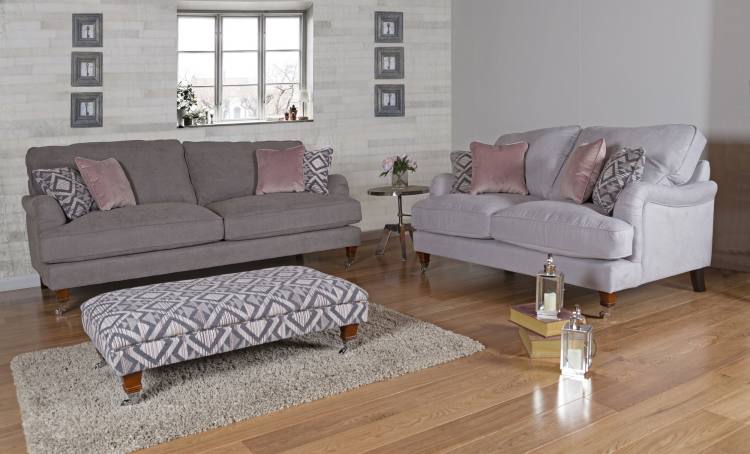 3 seater sofa picture in Jedi Mink, scatter cushions in Festival Blush and Khaleesi Dusk. 2 Seater in Jedi Seafoam, scatter cushions in Festival Blush and Khaleesi Dusk. Footstool in Khaleesi Dusk 
