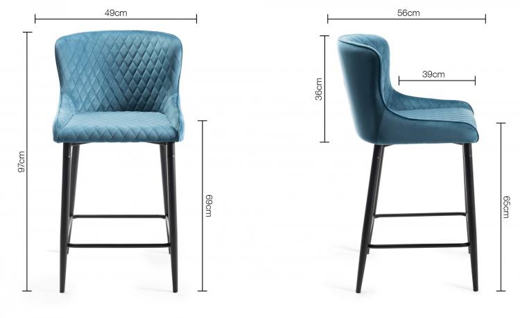 Measurements of the Bentley Designs Cezanne Petrol Blue Velvet Fabric Bar Stool with Sand Black Powder Coated Legs (Pair)