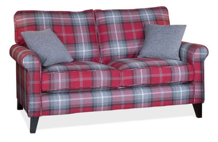 Alstons Poppy 2 seater sofa pictured In the exclusive Poppy / Reuben fabric 1621, small scatter cushions in fabric 1767, dark legs.