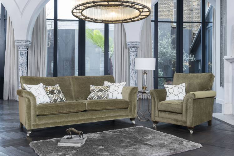 Grand sofa in fabric 2790, large scatter cushions in 2258, small scatter cushions in 2049, ebony/polished chrome castor legs (FM2). Chair in fabric 2790, small scatter cushion in 2258, ebony/polished chrome castor legs (FM2).