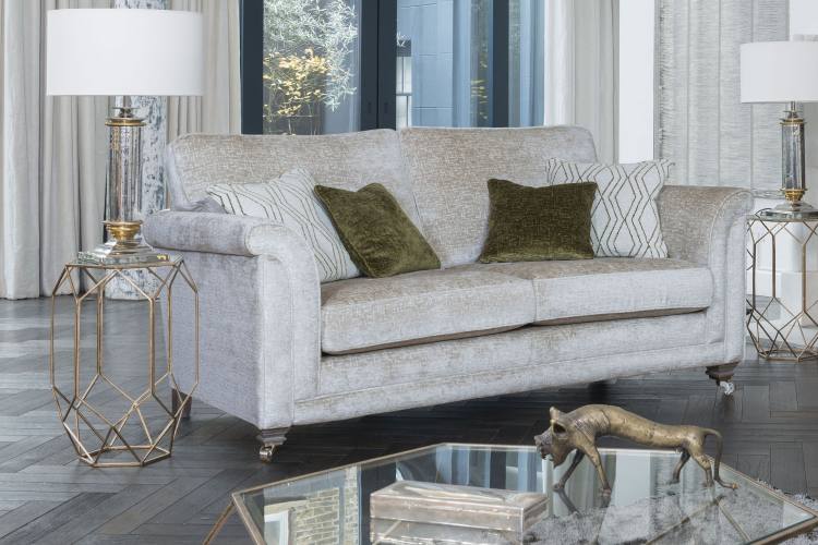 3 seater sofa in fabric 2698, large scatter cushions in 2148, small scatter cushions in 2690, smokey oak/satin nickel castor legs (FM3).