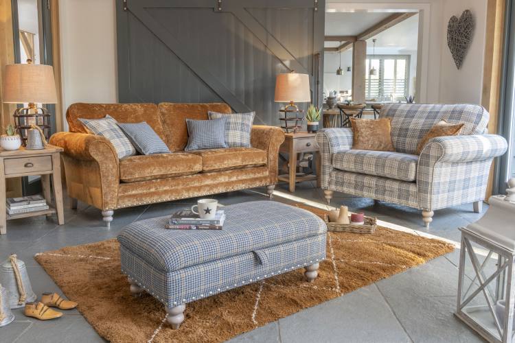3 seater sofa (standard back ) in fabric 2743, large scatter cushions in 2507, small scatter cushions in 2557, grey ash/brushed nickel legs. Snuggler in fabric 2507, small scatter cushions in 2743, grey ash/brushed nickel legs. Legged ottoman in fabric 24