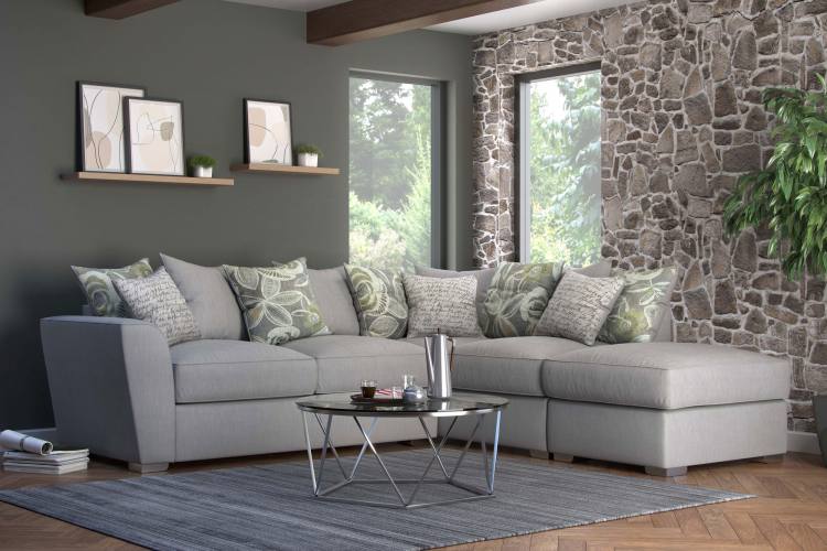 Pictured in Barley Silver with Camelia Winter pillow back cushions, Script Grey scatter cushions and Mid Oak feet