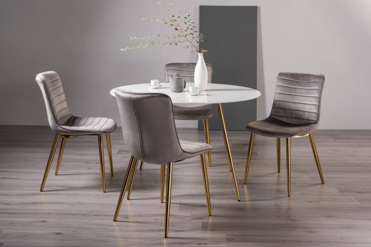 The Bentley Designs Francesca White Marble Effect Tempered Glass 4 Seater Dining Table & 4 Rothko Grey Velvet Fabric Chairs with Matt Gold Plated Legs 