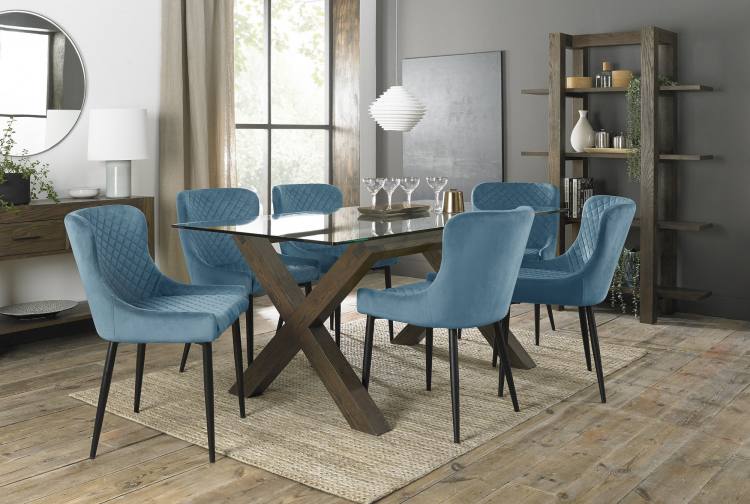 Turin Dark Oak 6 Seater Glass Dining, Glass Dining Table With Blue Velvet Chairs