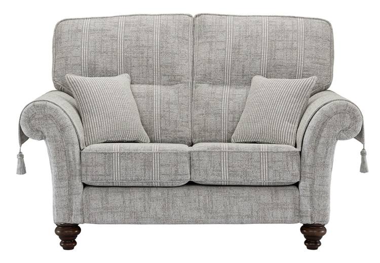 Balmoral 2 seater shown in Aberdeen Floral Pebble fabric with Scotland Plain outer and Kilmarnock Pinstripe Pebble scatter cushions
