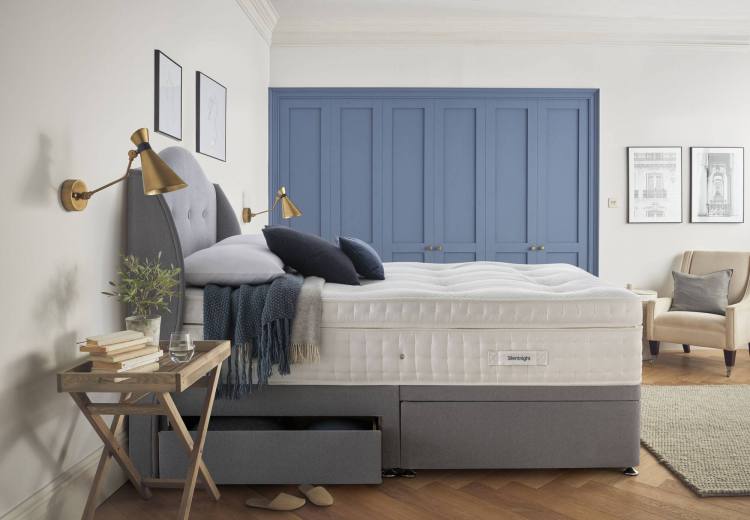 Silentnight Imperial Geltex 3000 Pocket Divan Bed pictured on Platform Top base in Steel fabric with 2 drawers and half ottoman storage and matching Camden headboard (sold separately)