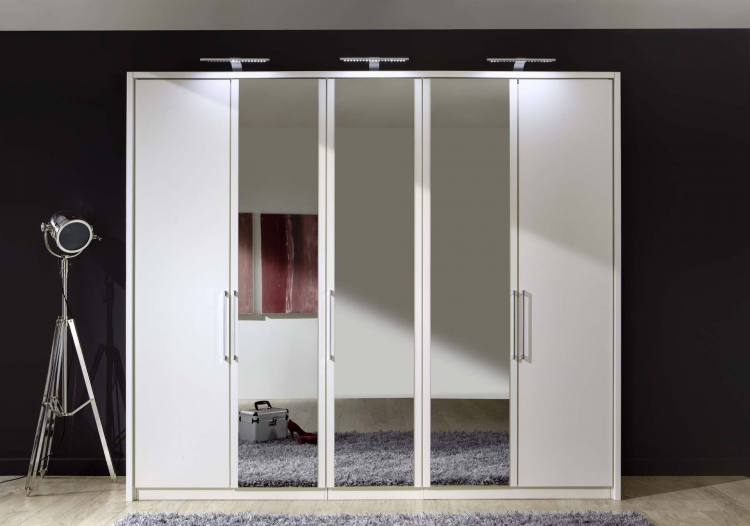 250cm wardrobe pictured in White with 3 Mirrored doors. Passe-partout frame and lights sold separately.