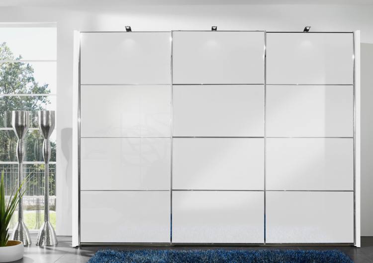 Picture in White with all doors in White Glass. 4 Panels design doors with Chrome handle and trim. Optional Chunky Side Profiles and LED Lights sold separately.