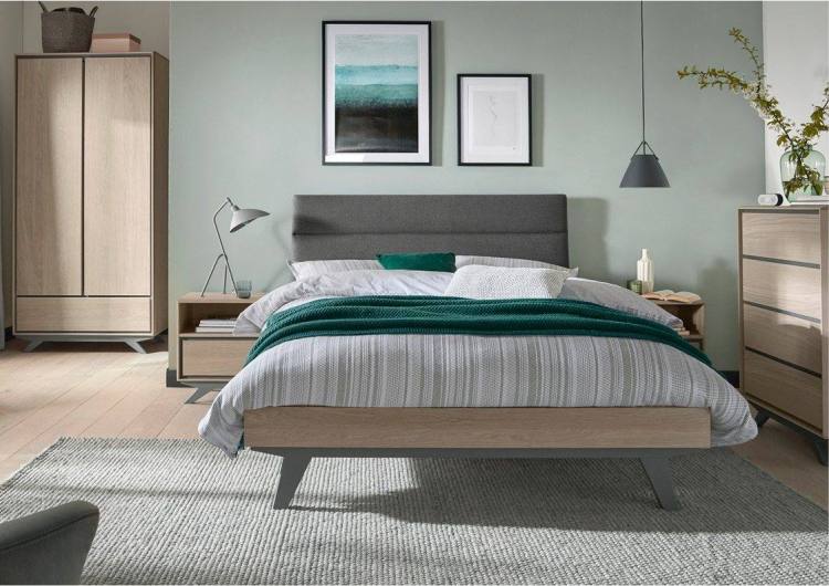 The Bentley Designs Brunel Scandi Oak & Dark Grey Uph Bedstead (Double) on Display with items from Brunel Scandi Oak & Dark Grey  Bedroom Range