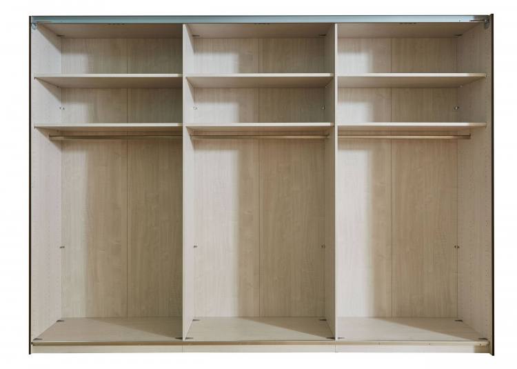 The wardrobe has four roomy compartments. All come with 2 adjustable shelves and a hanging rail as standard (pictured here with three compartments for a 6 door wardrobe).