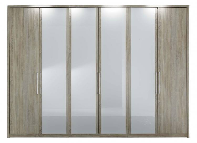 Pictured in Light Rustic Oak with 4 White Glass doors. Passe-partout frame sold separately.