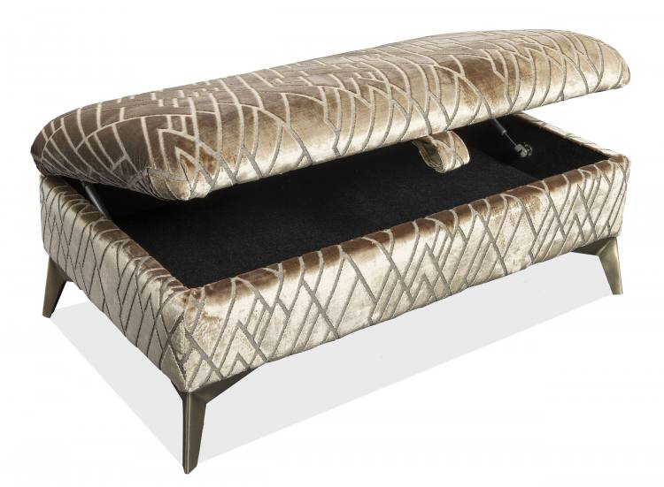 Alstons Artemis Ottoman pictured in fabric 0093 - Gold Shard Velvet, brushed gold legs.