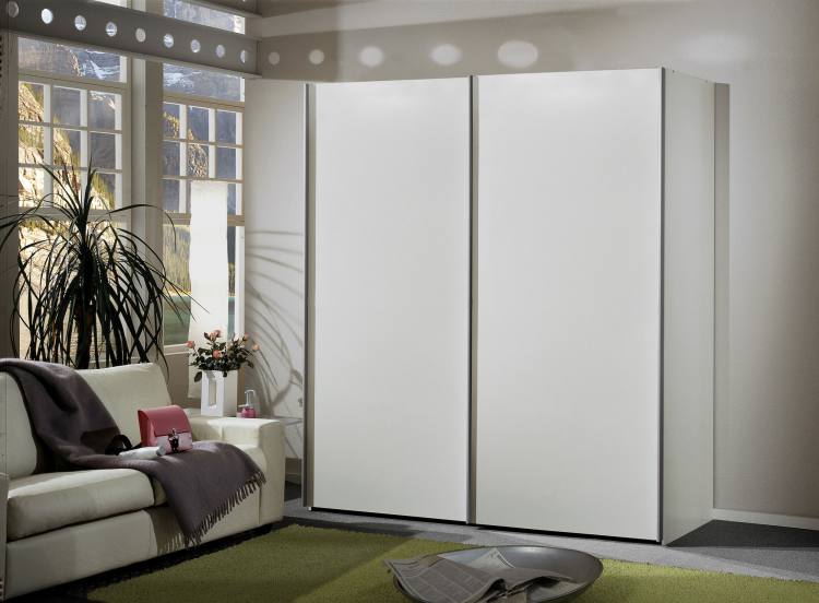 Pictured in White carcase with matching doors. Plain door design with chrome handles.