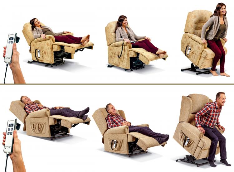 Single and Dual Motor positions. On the Dual Motor version (bottom) the backrest and footrest adjust independently and the chair reclines further