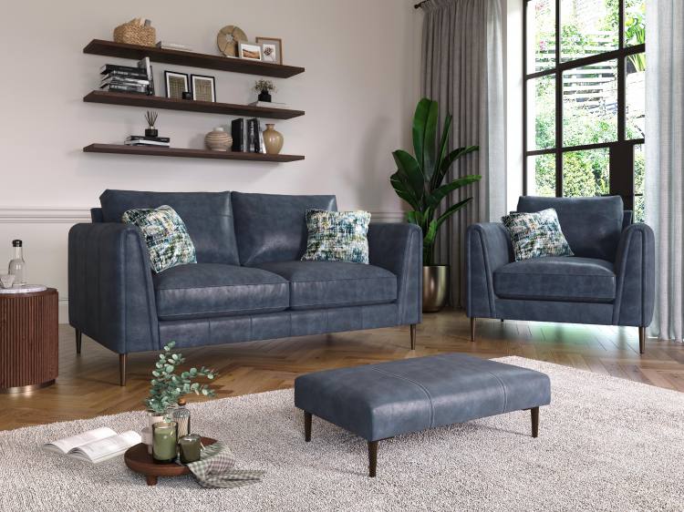 Sofa shown with chair & footstool from the Harlow range in Turino Blue leather 