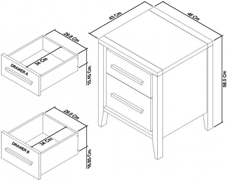 Bentley Designs Rimini Aged Oak & Weathered Oak 2 Drawer Nightstand Measurements 