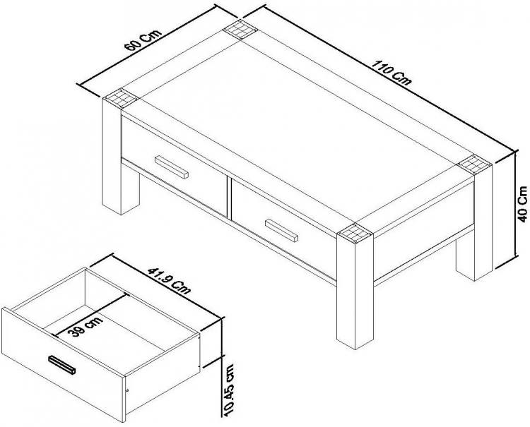 Measurements for the Bentley Designs Turin Dark Oak Coffee Table with Drawers