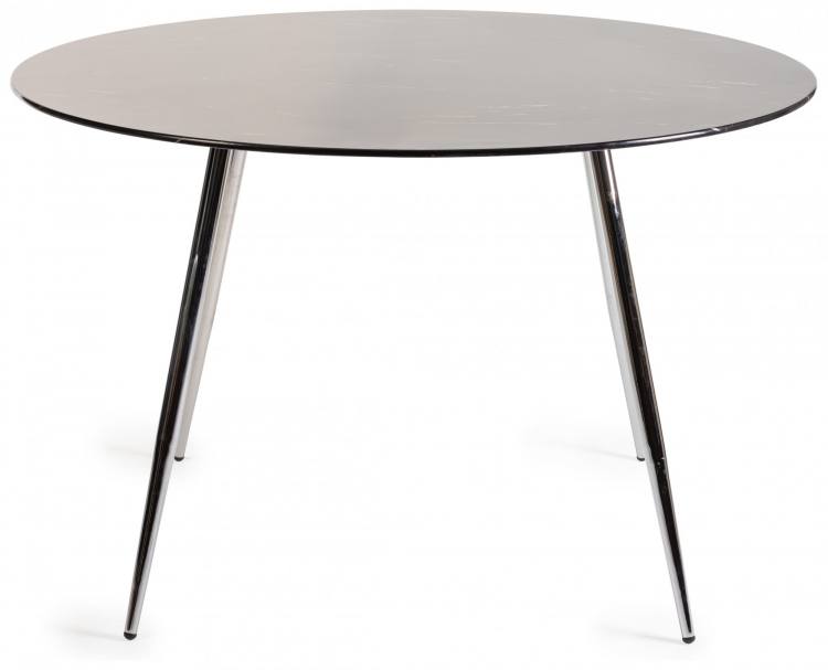 The Bentley Designs Christo Black Marble Effect Tempered Glass 4 Seater Dining Table With Shiny Nickel Plated Legs