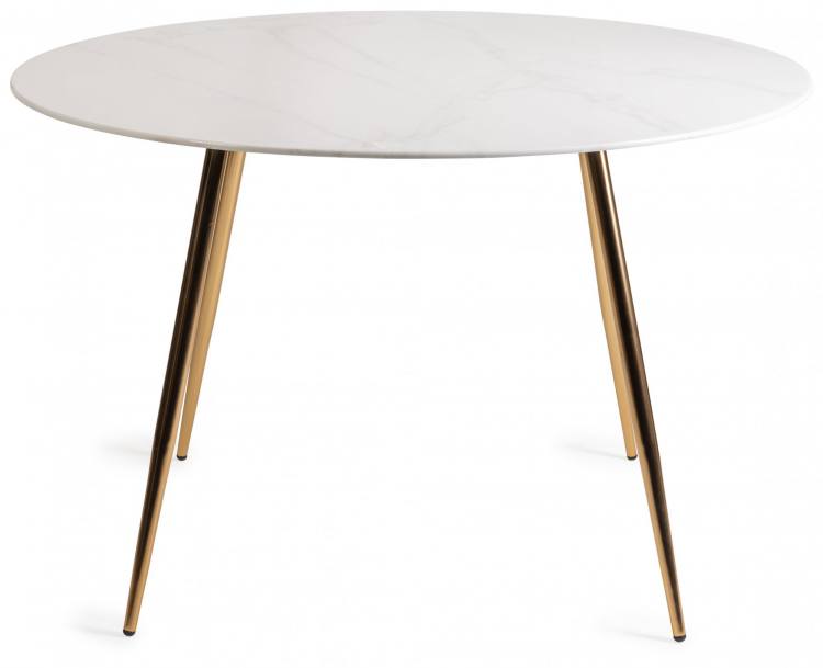 The Bentley Designs Francesca White Mable Effect Tempered Glass 4 Seater Dining Table with Matt Gold Plated Legs