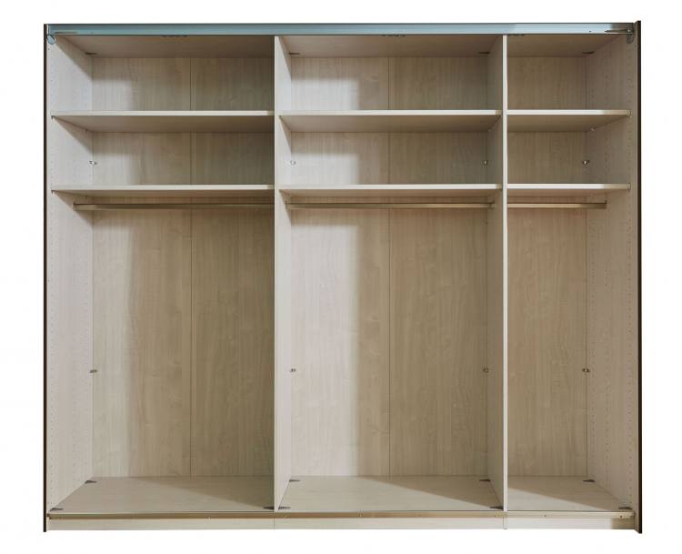 Example interior - Wardrobe has three roomy compartments 2 x 100cm & a 50cm central interior. All come with 2 adjustable shelves and hanging rail as standard.