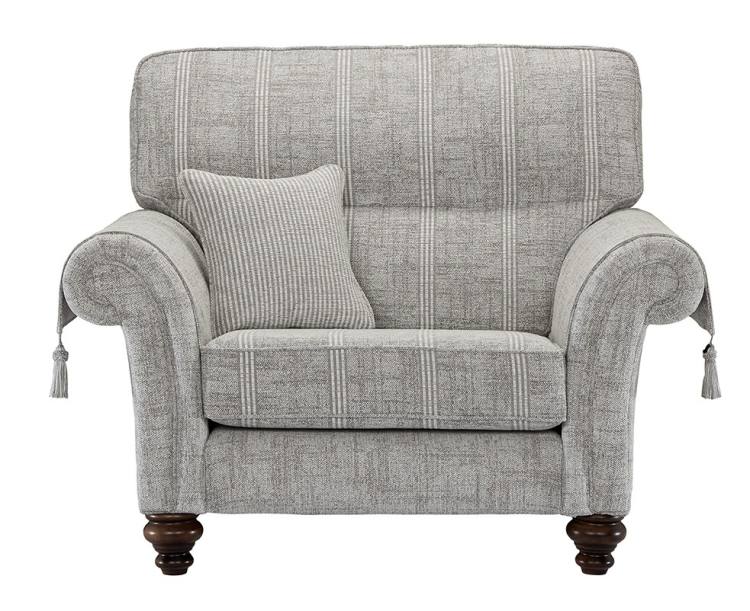 Balmoral Maxi Snuggler Chair shown in Aberdeen Floral Pebble fabric with Scotland Plain outer and Kilmarnock Pinstripe Pebble scatter cushion