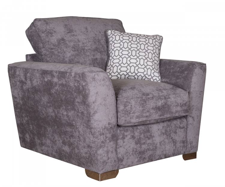 Pictured in Kingston Grey with Salute Pattern Silver cushion with Chrome Feet 
