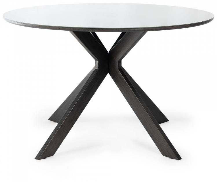 The Bentley Designs Hirst Grey Painted Tempered Glass 4 Seater Dining Table with Grey Hand Brushing on Black Powder Coated Base