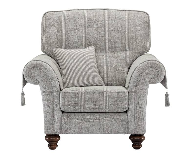 Balmoral Standard Chair shown in Aberdeen Floral Pebble fabric with Scotland Plain outer and Kilmarnock Pinstripe Pebble scatter cushion