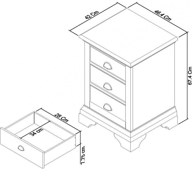 Measurements for the Bentley Designs Hampstead Soft Grey & Pale Oak 3 Drawer Nightstand