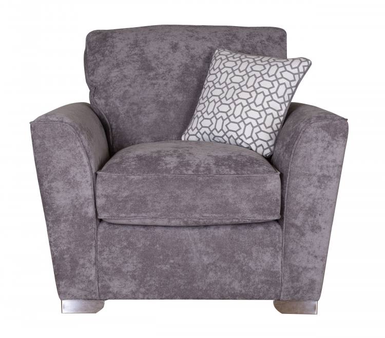 Pictured in Kingston Grey with Salute Pattern Silver cushion with Chrome Feet 