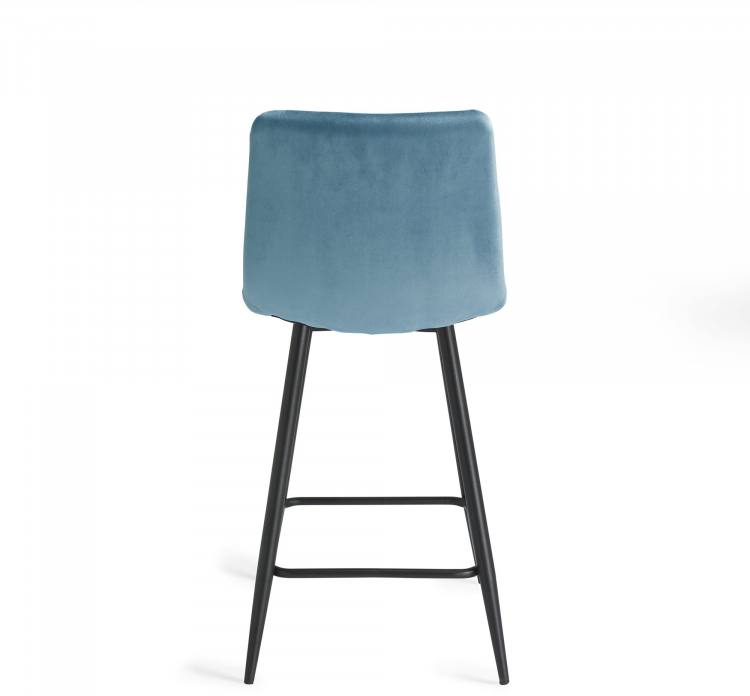 Back of the Bentley Designs Mondrian Petrol Blue Velvet Fabric Bar Stools with Sand Black Powder Coated Legs (Pair)