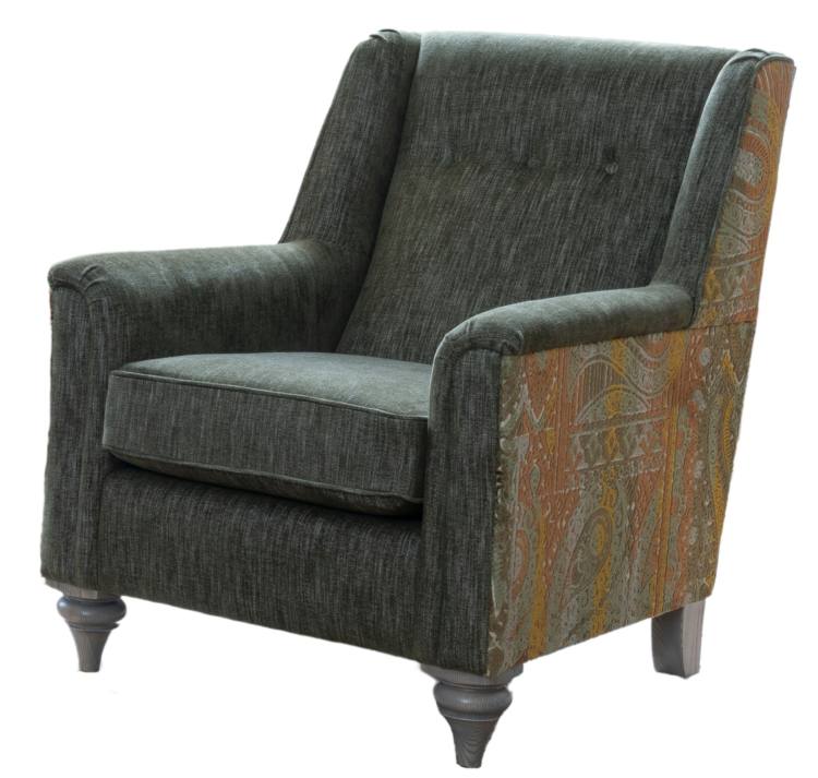 Alstons Darwin woodstock accent chair in fabric 5770, contrasting outside arm in 5000