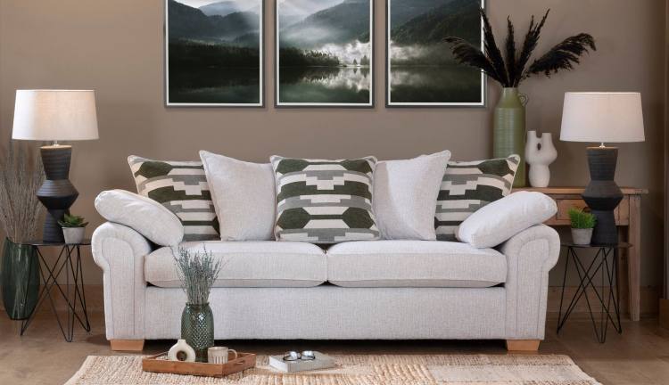The Alstons Alpine grand sofa shown in fabric 3968, 3 pillow back cushions in 3150