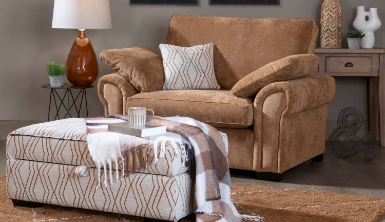 Alpine Snuggler shown in fabric 4964 with scatter cushion in 3073. Alpine Legged Ottoman in fabric 3073.