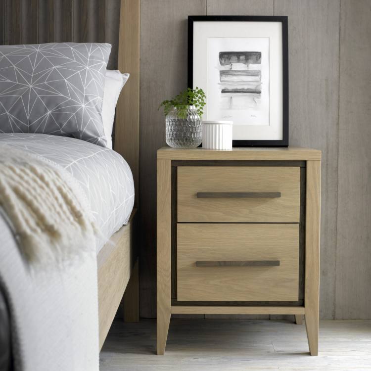 Bentley Designs Rimini Aged Oak & Weathered Oak 2 Drawer Nightstand on Display